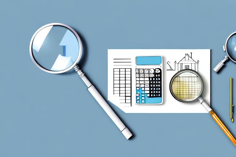 A house with a magnifying glass and a calculator to represent the process of valuation