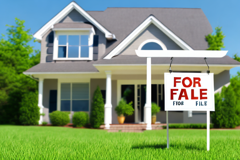 A house with a "for sale" sign in front of it