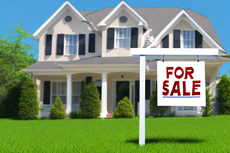 A house with a 'for sale' sign in front